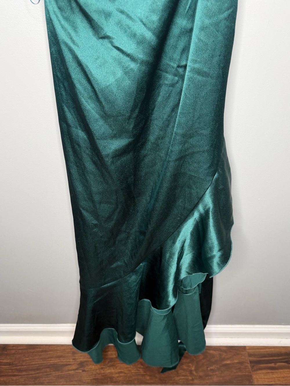 Birdy Grey Emerald Satin Crossover Flounce Ruffle Dress - Picture 4 of 8